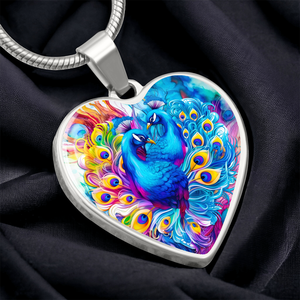 Colorful Peacocks Heart Shaped Graphic Necklace