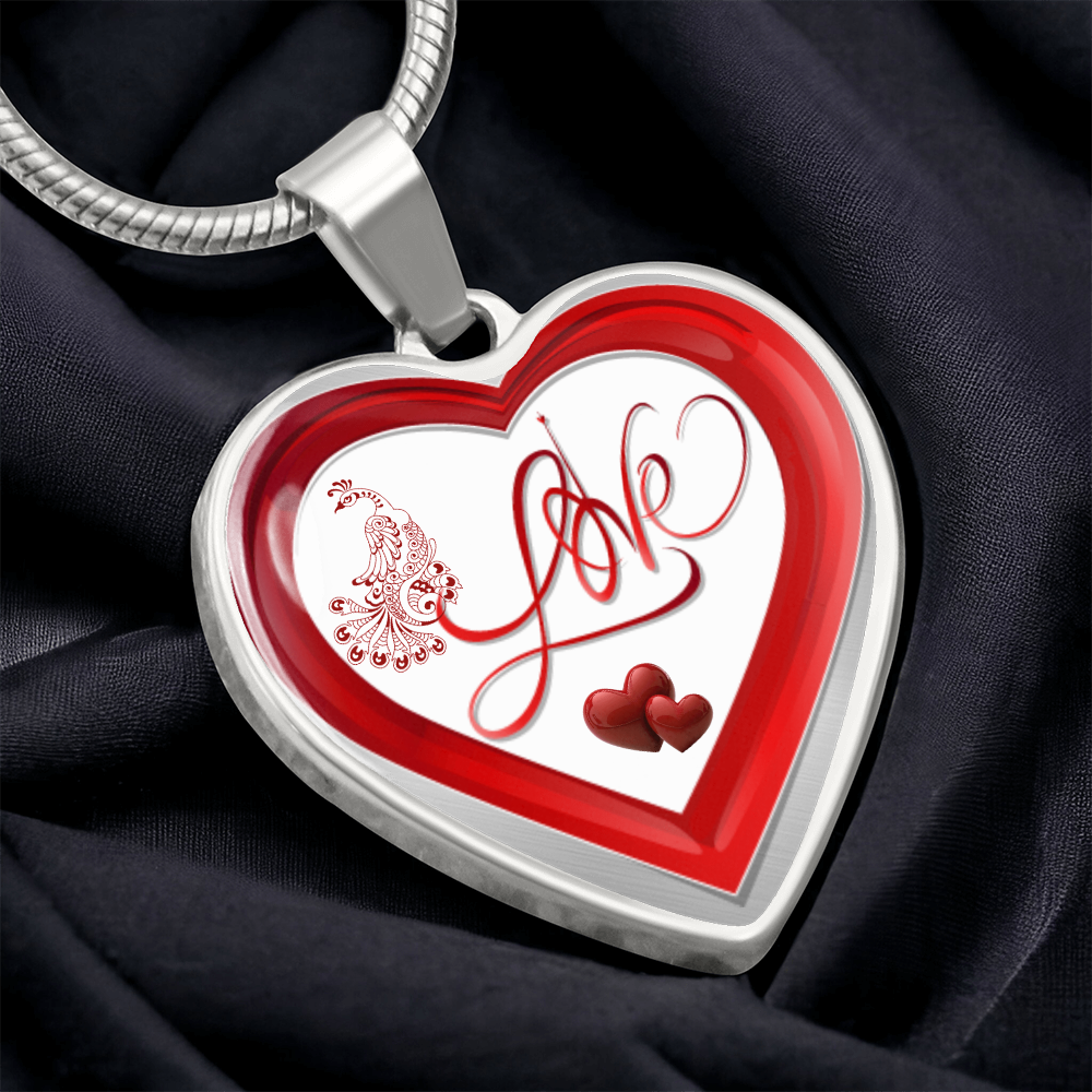 Red Love and Peacock Design Heart Shaped Luxury Graphic Necklace