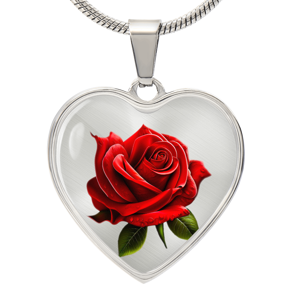 Heart Shaped Red Rose Graphic Pendant & Necklace