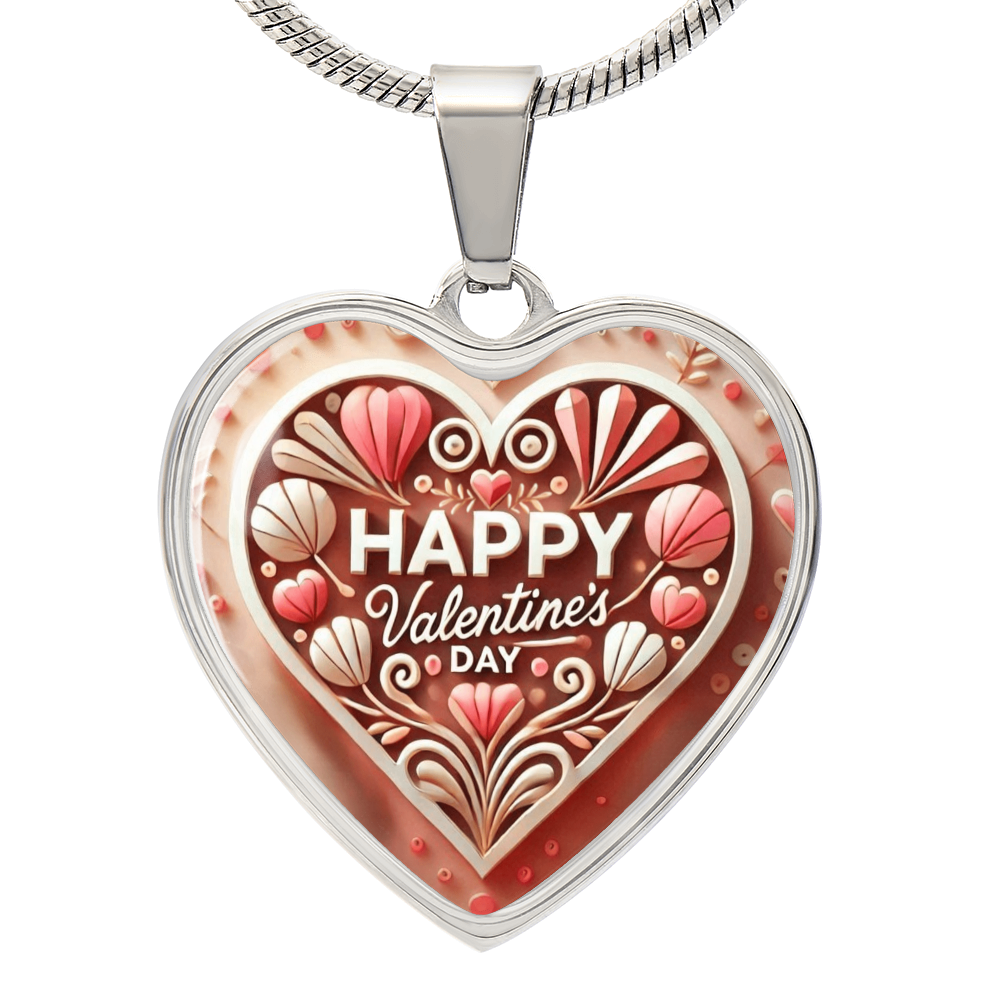 Happy Valentine's Day Wooden Look Heart Shaped Graphic Necklace