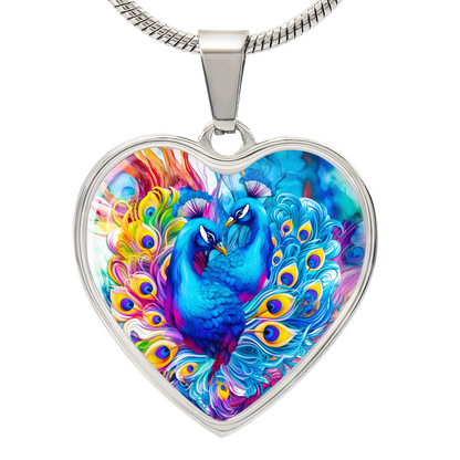 Colorful Peacocks Heart Shaped Graphic Necklace