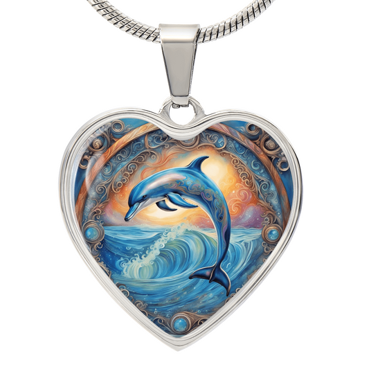 Playful Dolphin Heart Shaped Pendant and Necklace