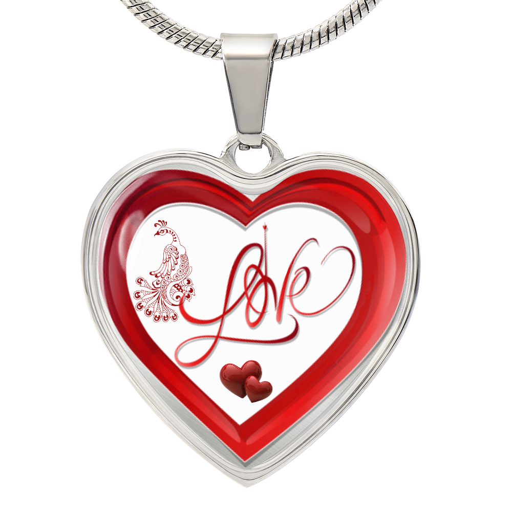 Red Love and Peacock Design Heart Shaped Luxury Graphic Necklace