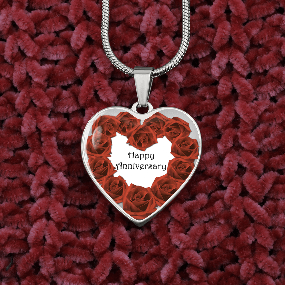 Heart Shaped Red Roses Happy Anniversary Graphic Necklace