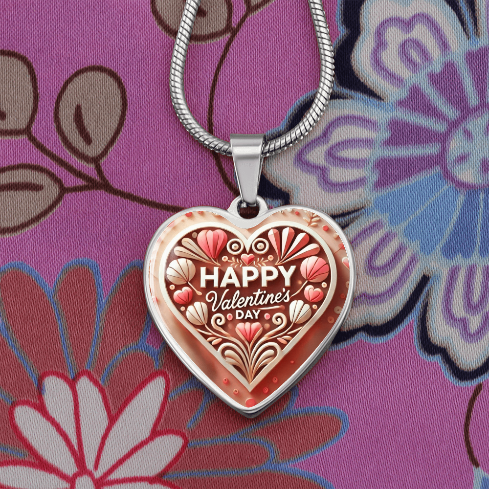 Happy Valentine's Day Wooden Look Heart Shaped Graphic Necklace