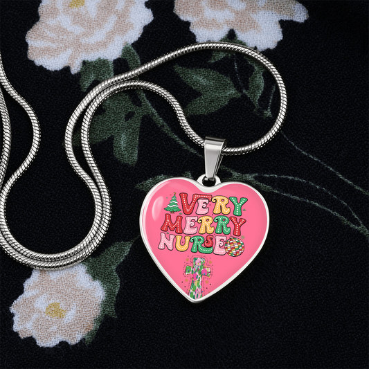 Pink Very Merry Nurse Heart Shaped Graphic Necklace