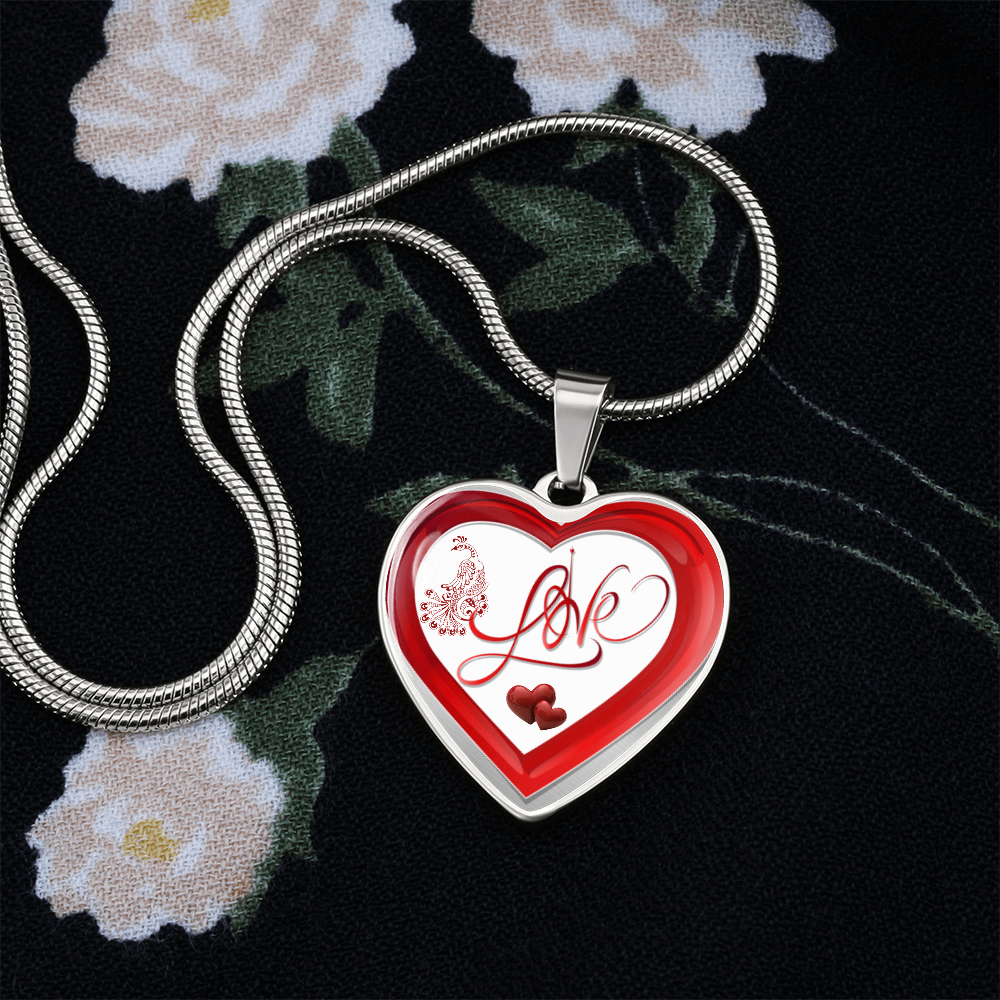 Red Love and Peacock Design Heart Shaped Luxury Graphic Necklace