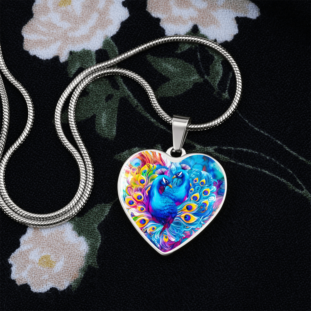 Colorful Peacocks Heart Shaped Graphic Necklace