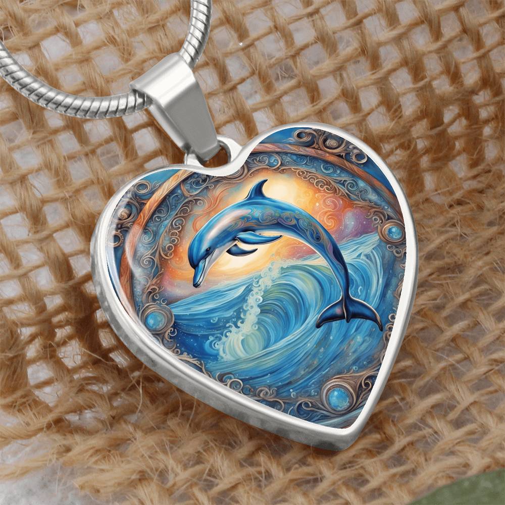 Playful Dolphin Heart Shaped Pendant and Necklace