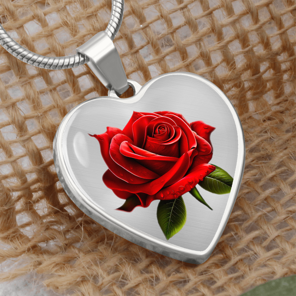 Heart Shaped Red Rose Graphic Pendant & Necklace