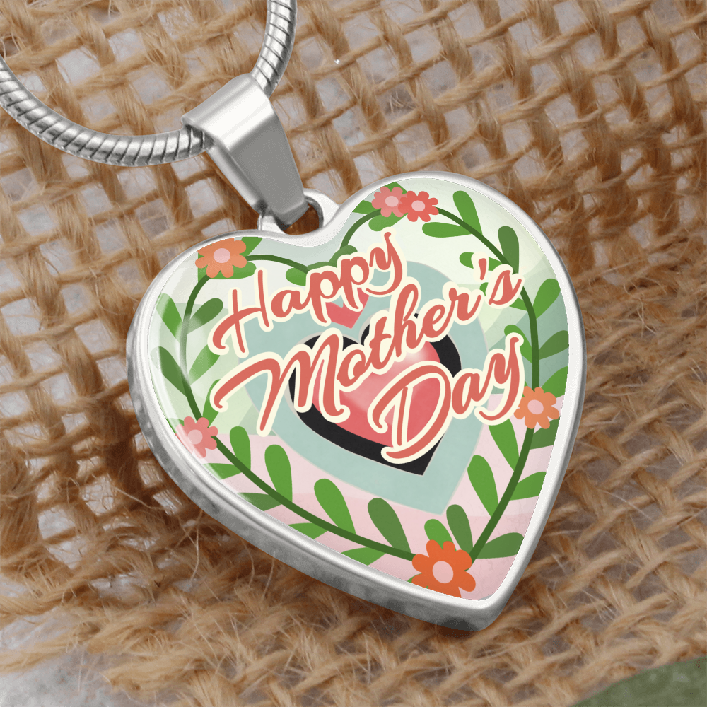 Happy Mother's Day Floral Heart Shaped Graphic Necklace
