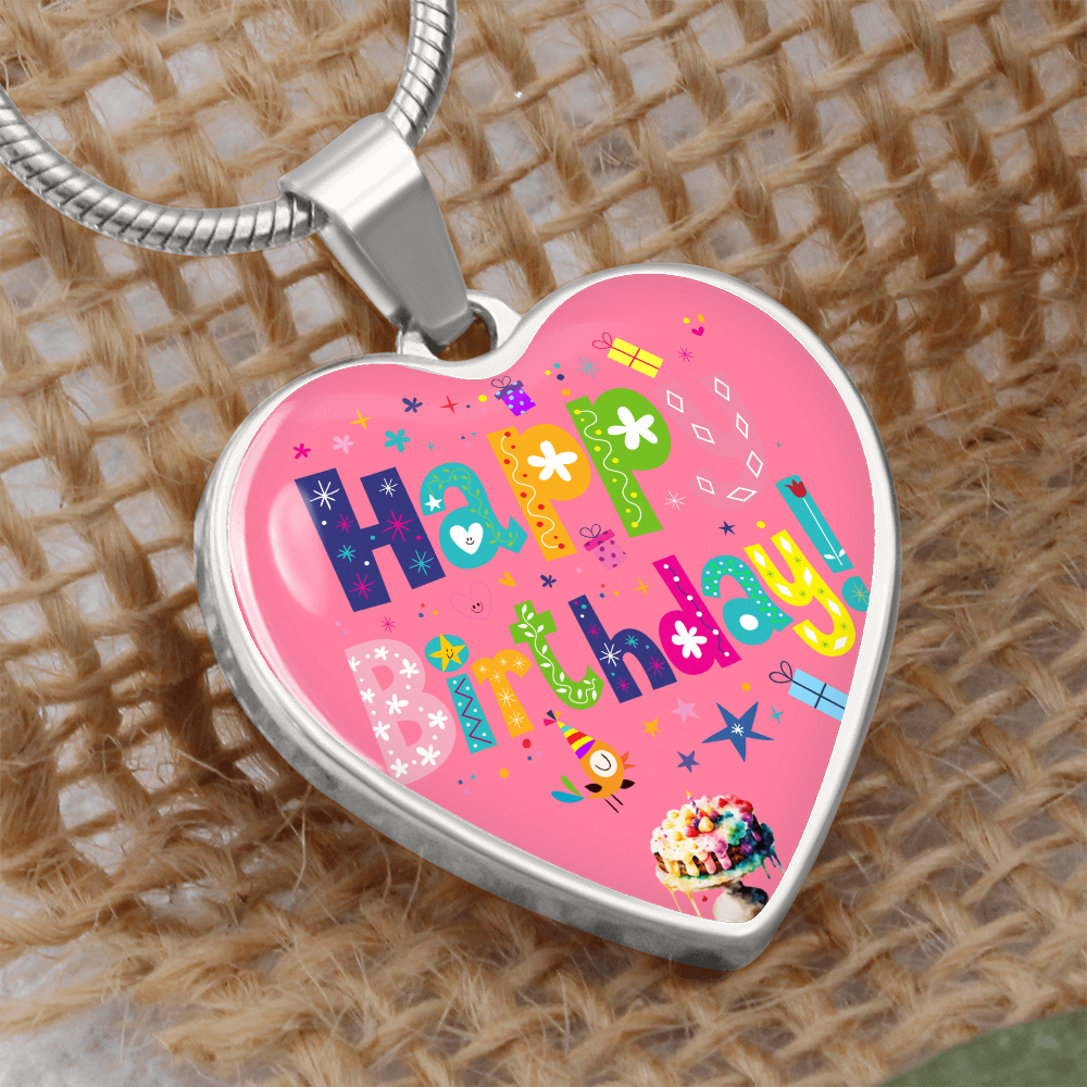 Heart Shaped Colorful Happy Birthday Graphic Necklace