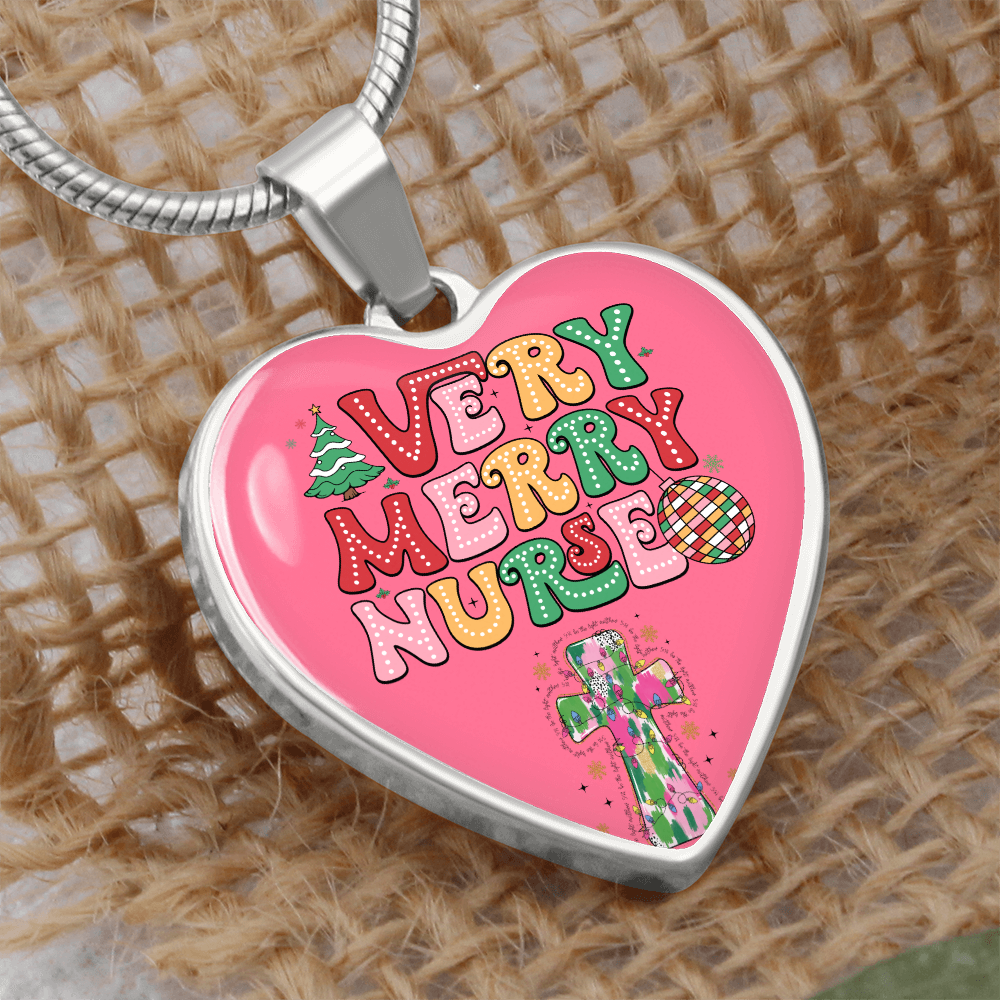 Pink Very Merry Nurse Heart Shaped Graphic Necklace
