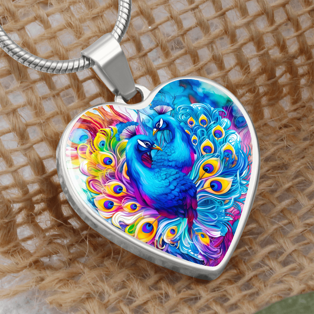 Colorful Peacocks Heart Shaped Graphic Necklace