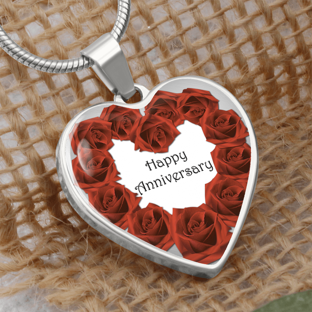 Heart Shaped Red Roses Happy Anniversary Graphic Necklace