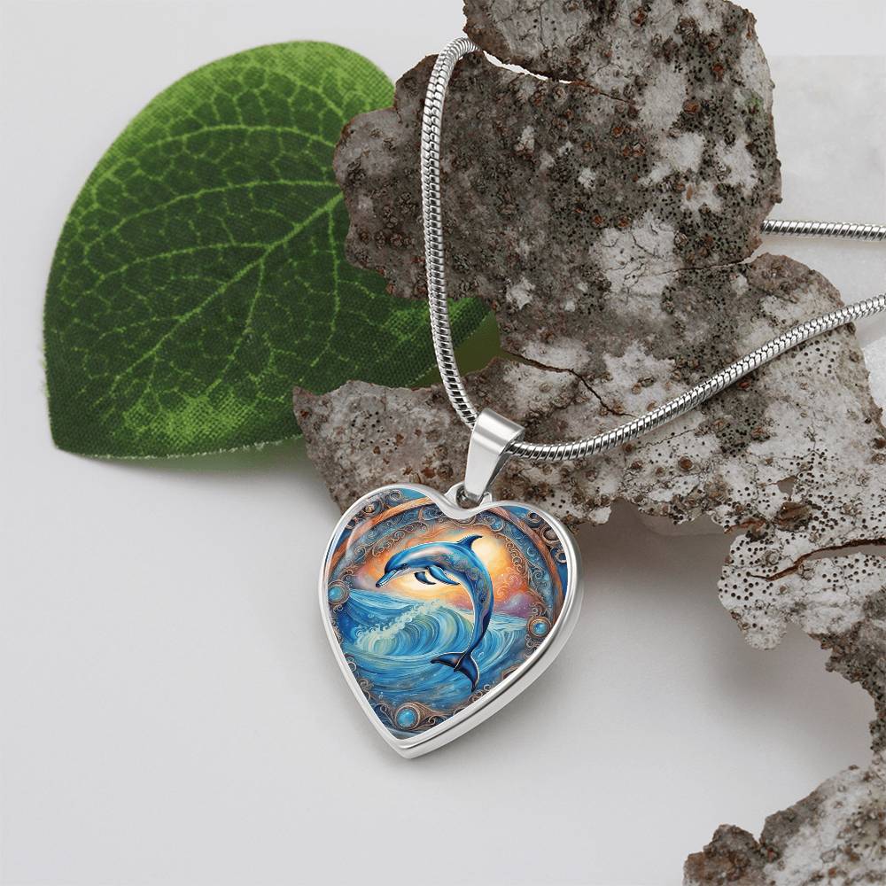 Playful Dolphin Heart Shaped Pendant and Necklace