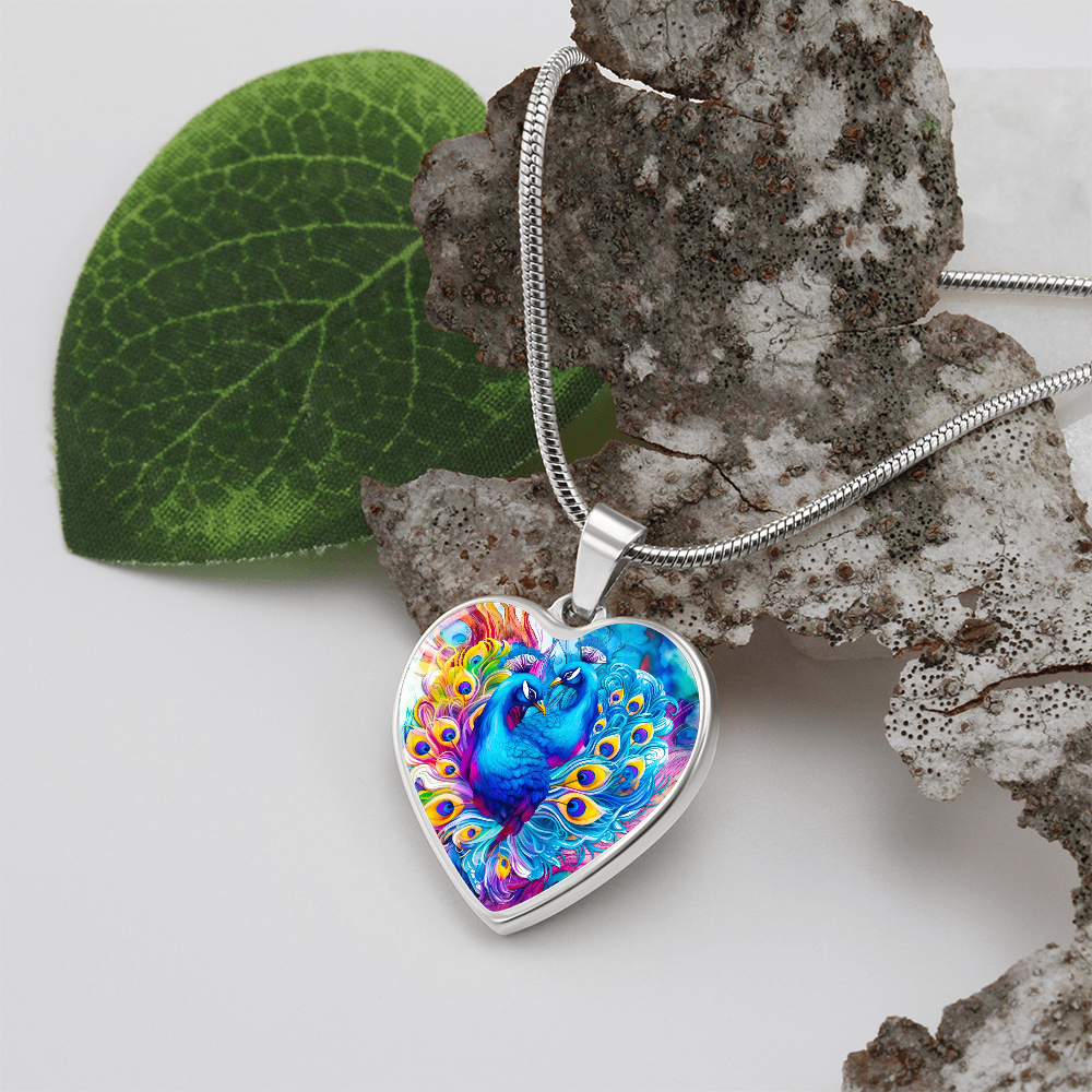 Colorful Peacocks Heart Shaped Graphic Necklace