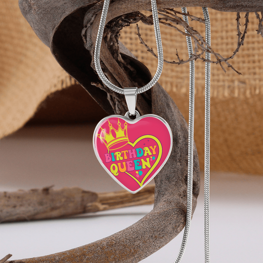 Hot Pink Birthday Queen Heart Shaped Graphic Necklace