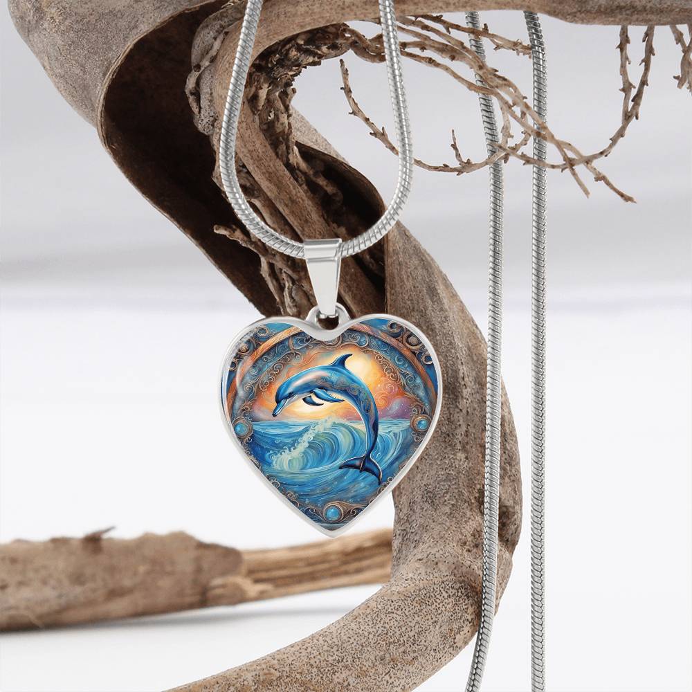 Playful Dolphin Heart Shaped Pendant and Necklace