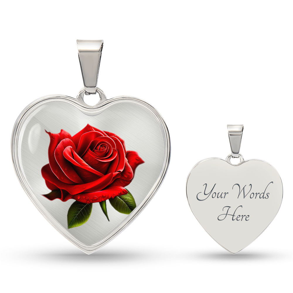 Heart Shaped Red Rose Graphic Pendant & Necklace