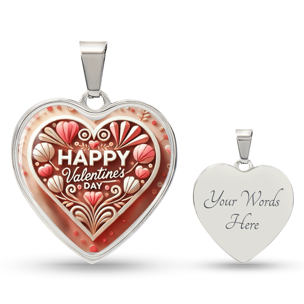 Happy Valentine's Day Wooden Look Heart Shaped Graphic Necklace