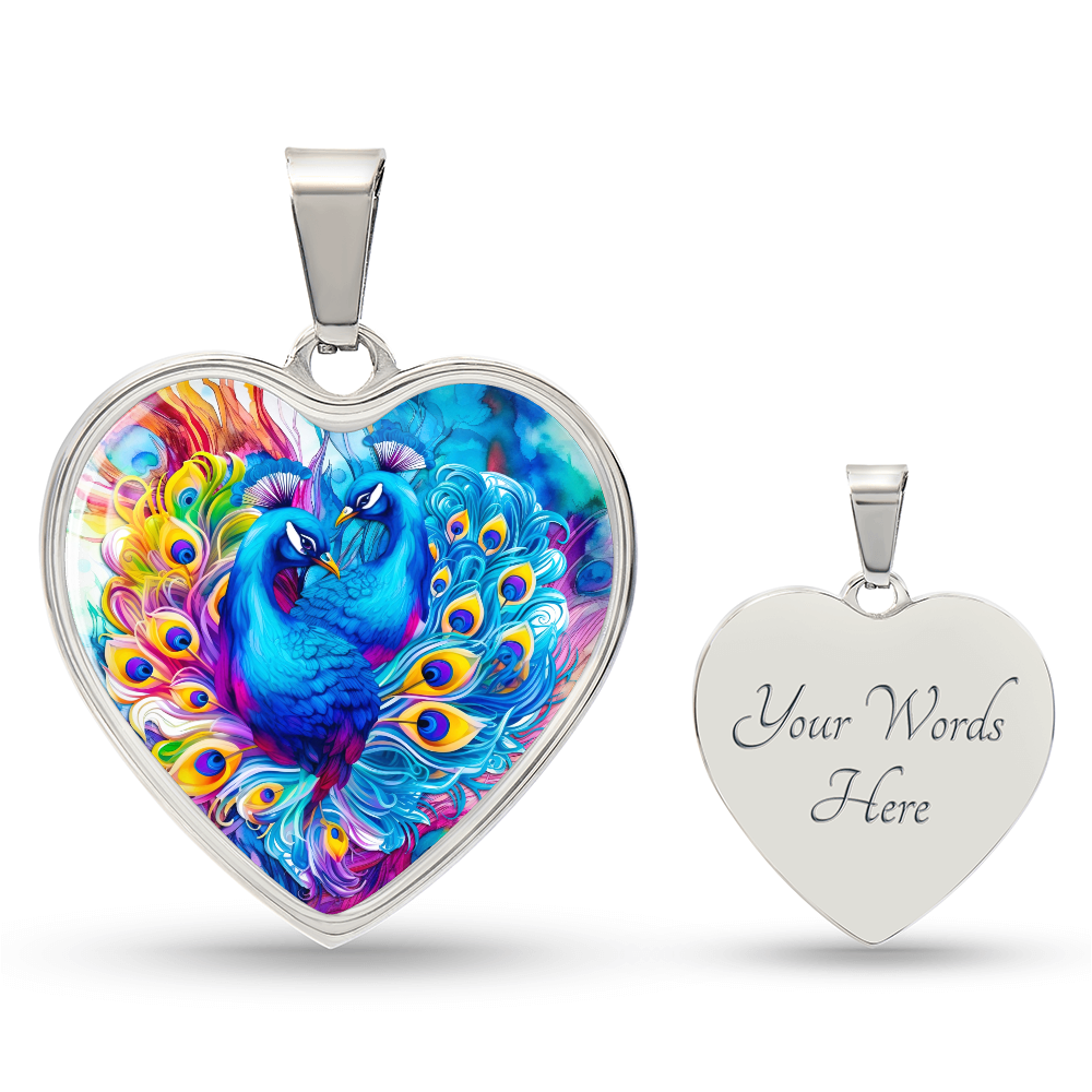 Colorful Peacocks Heart Shaped Graphic Necklace