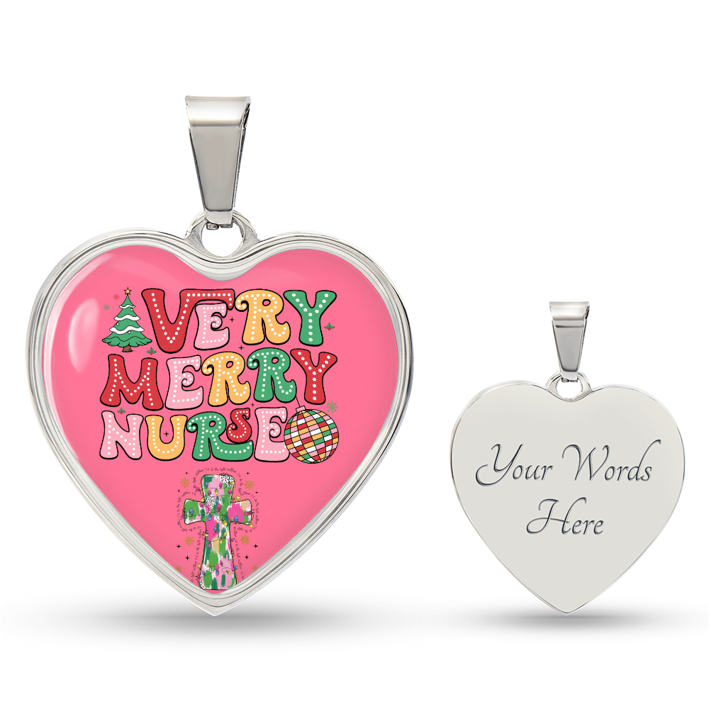 Pink Very Merry Nurse Heart Shaped Graphic Necklace