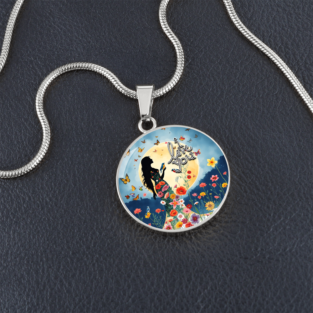 I Love You Beautiful Woman Under a Full Moon Graphic Round Necklace