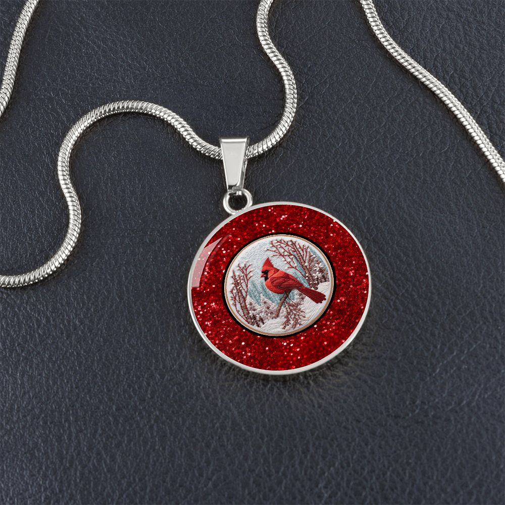 Red Bird in the Snow Faux Glitter Graphic Round Necklace