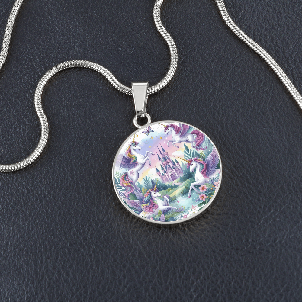 Purple Unicorns and Castle Graphic Circle Necklace