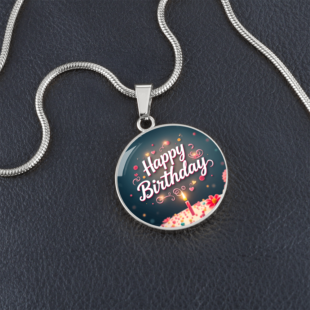 Happy Birthday Cake with Candle Circle Graphic Necklace