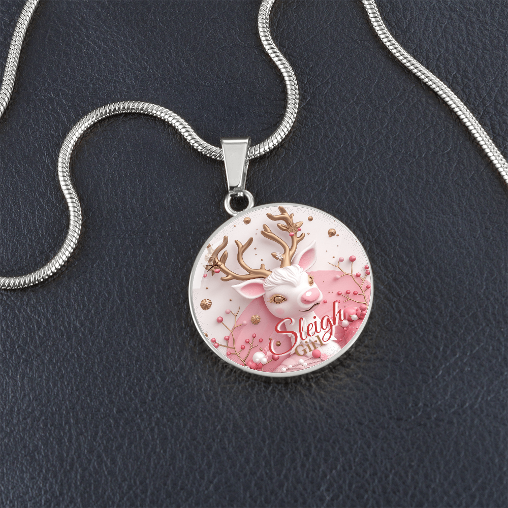 Christmas Pink Sleigh Girl Cute Reindeer Graphic Round Necklace