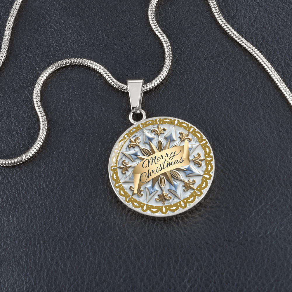 Light Blue with Gold Trim Merry Christmas Graphic Round Necklace