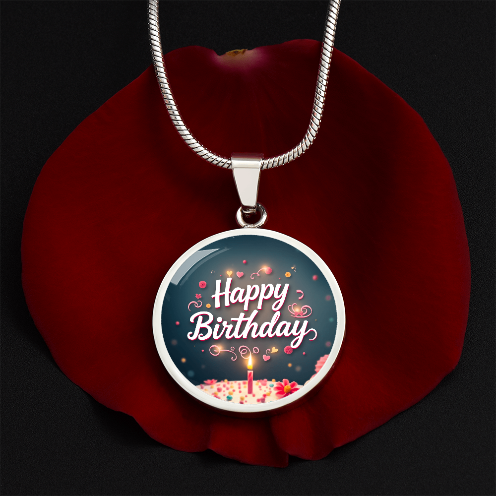 Happy Birthday Cake with Candle Circle Graphic Necklace