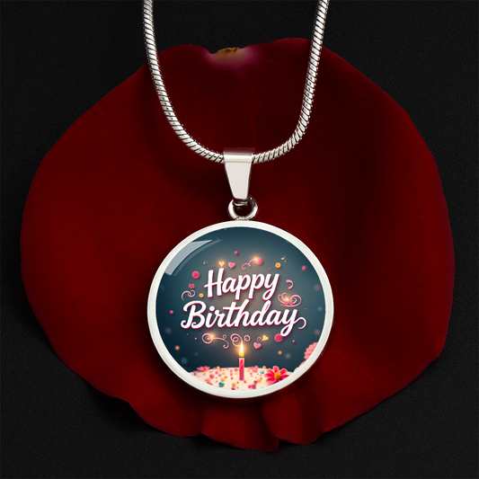 Happy Birthday Cake with Candle Circle Graphic Necklace