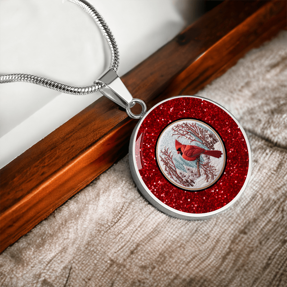 Red Bird in the Snow Faux Glitter Graphic Round Necklace