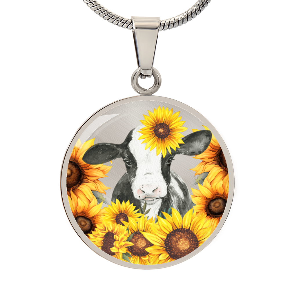 Cute Little Cow Surrounded by Sunflowers Circle Graphic Necklace