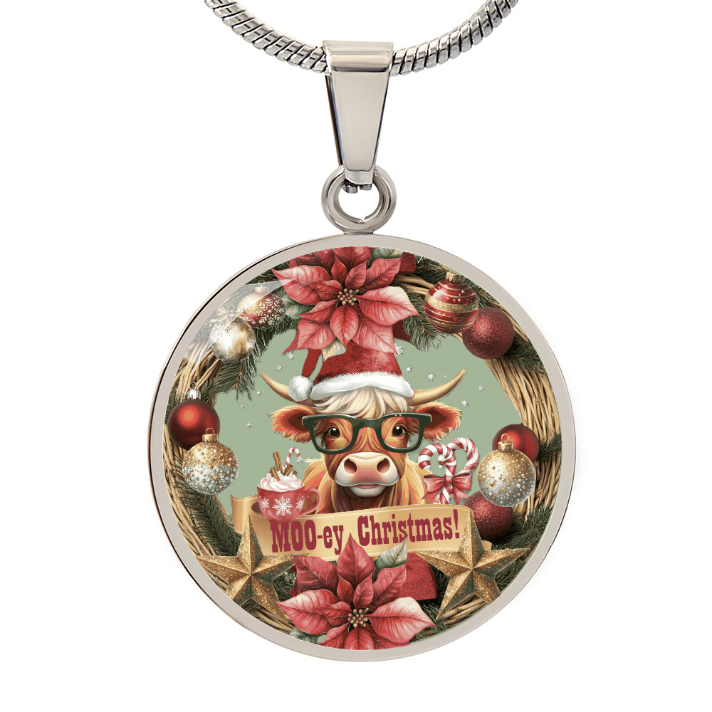 Moo-ey Christmas Highland Cow Luxury Graphic Round Necklace