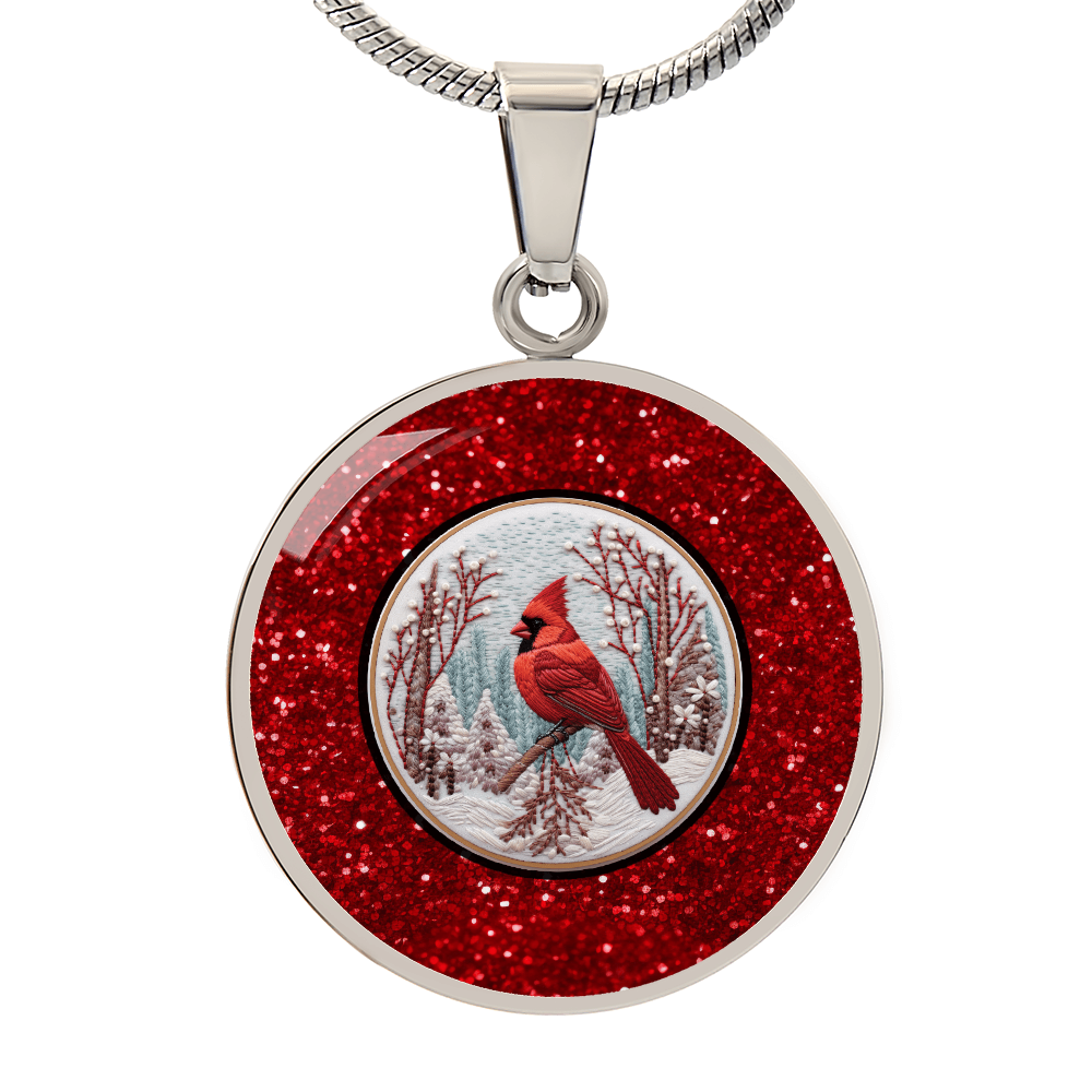 Red Bird in the Snow Faux Glitter Graphic Round Necklace
