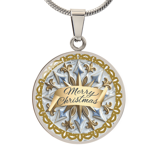 Light Blue with Gold Trim Merry Christmas Graphic Round Necklace