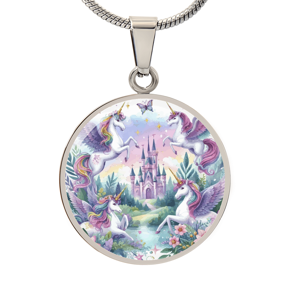 Purple Unicorns and Castle Graphic Circle Necklace