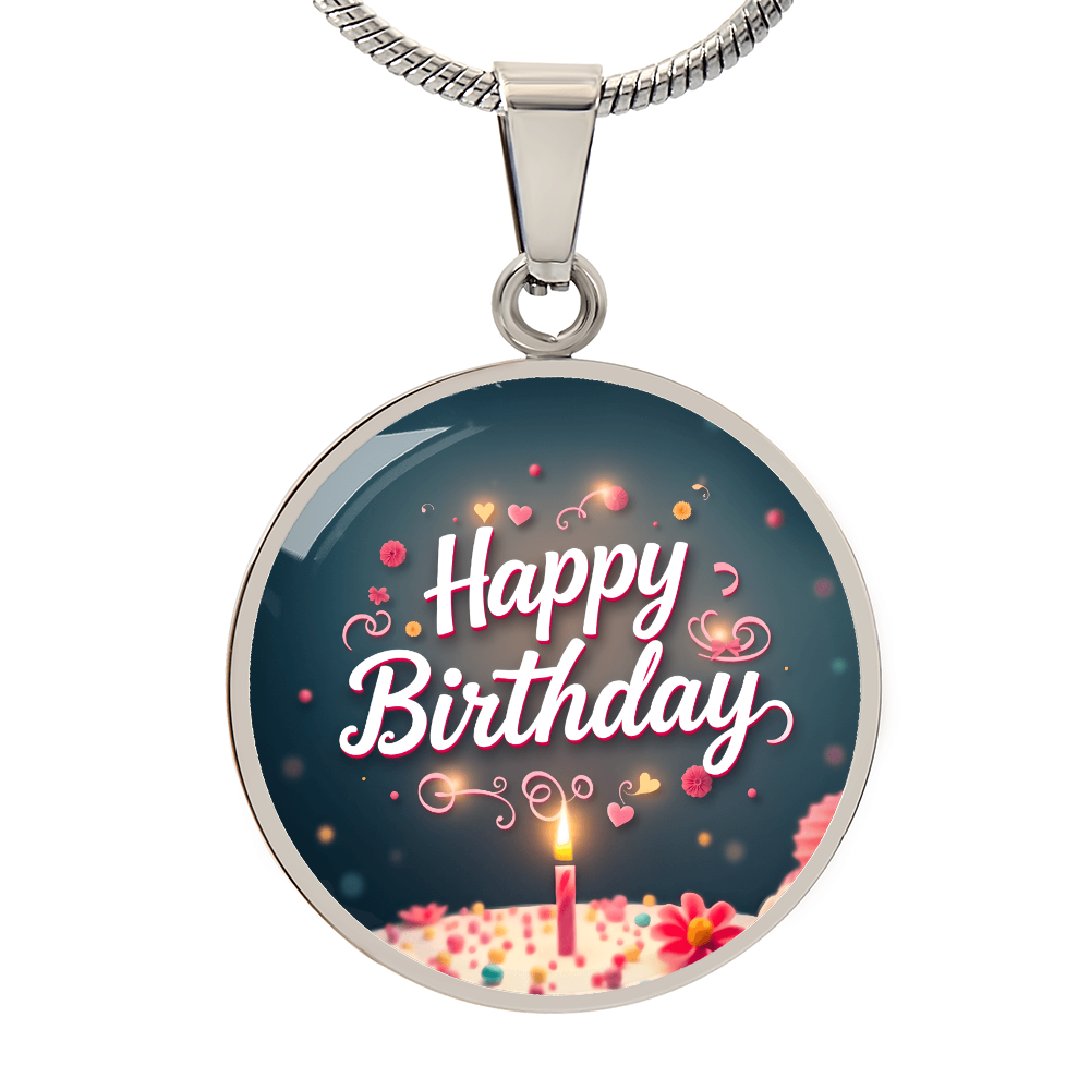 Happy Birthday Cake with Candle Circle Graphic Necklace