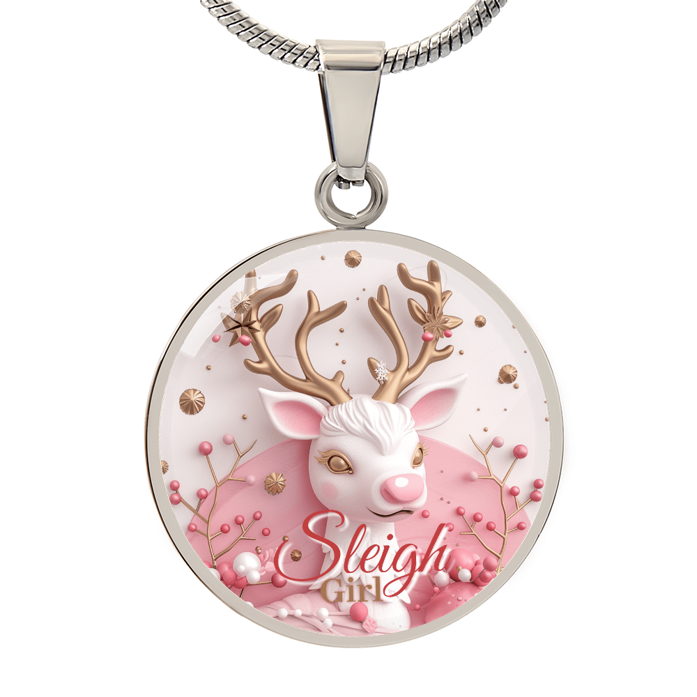 Christmas Pink Sleigh Girl Cute Reindeer Graphic Round Necklace