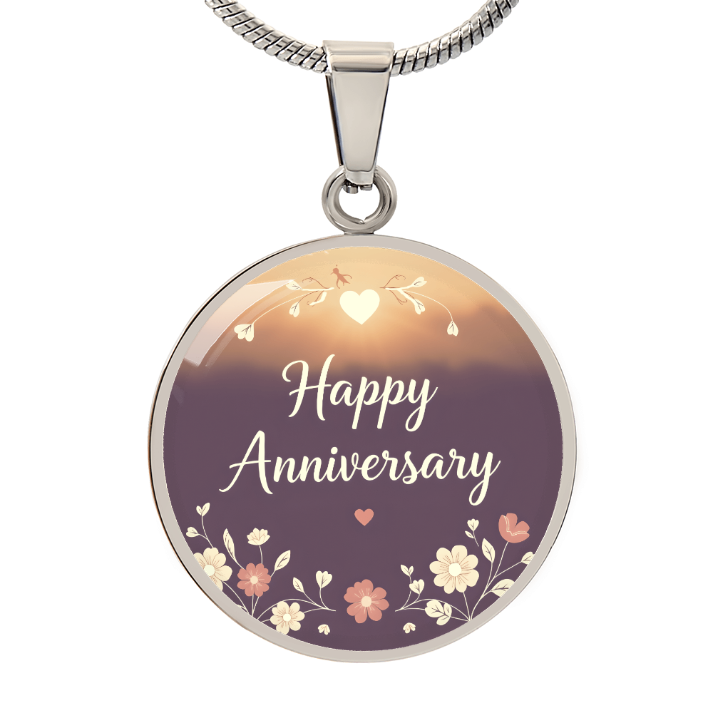 Happy Anniversary with Flowers Round Graphic Necklace