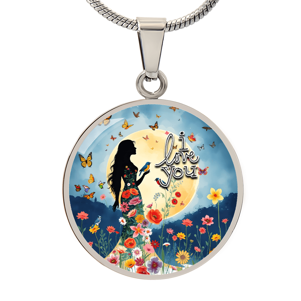 I Love You Beautiful Woman Under a Full Moon Graphic Round Necklace