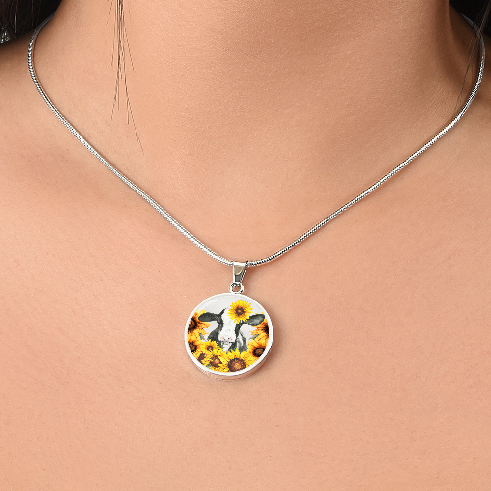 Cute Little Cow Surrounded by Sunflowers Circle Graphic Necklace