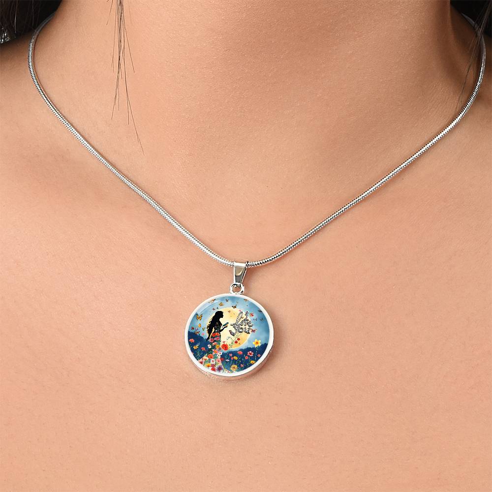 I Love You Beautiful Woman Under a Full Moon Graphic Round Necklace