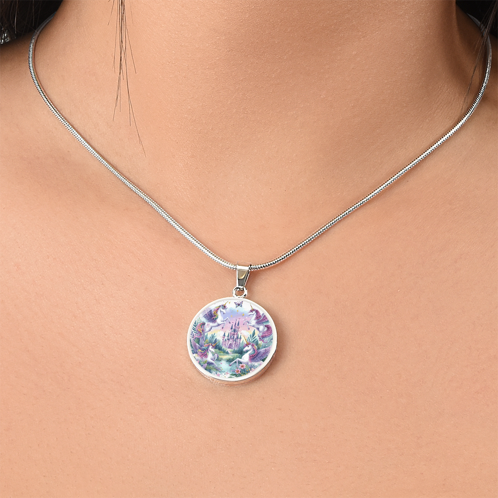 Purple Unicorns and Castle Graphic Circle Necklace