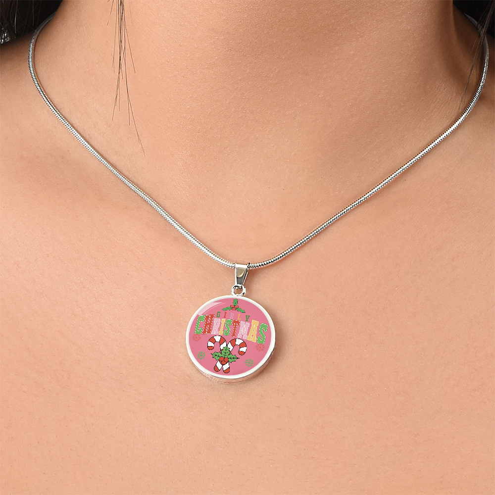 Girly Christmas with Candy Canes Circle Graphic Necklace