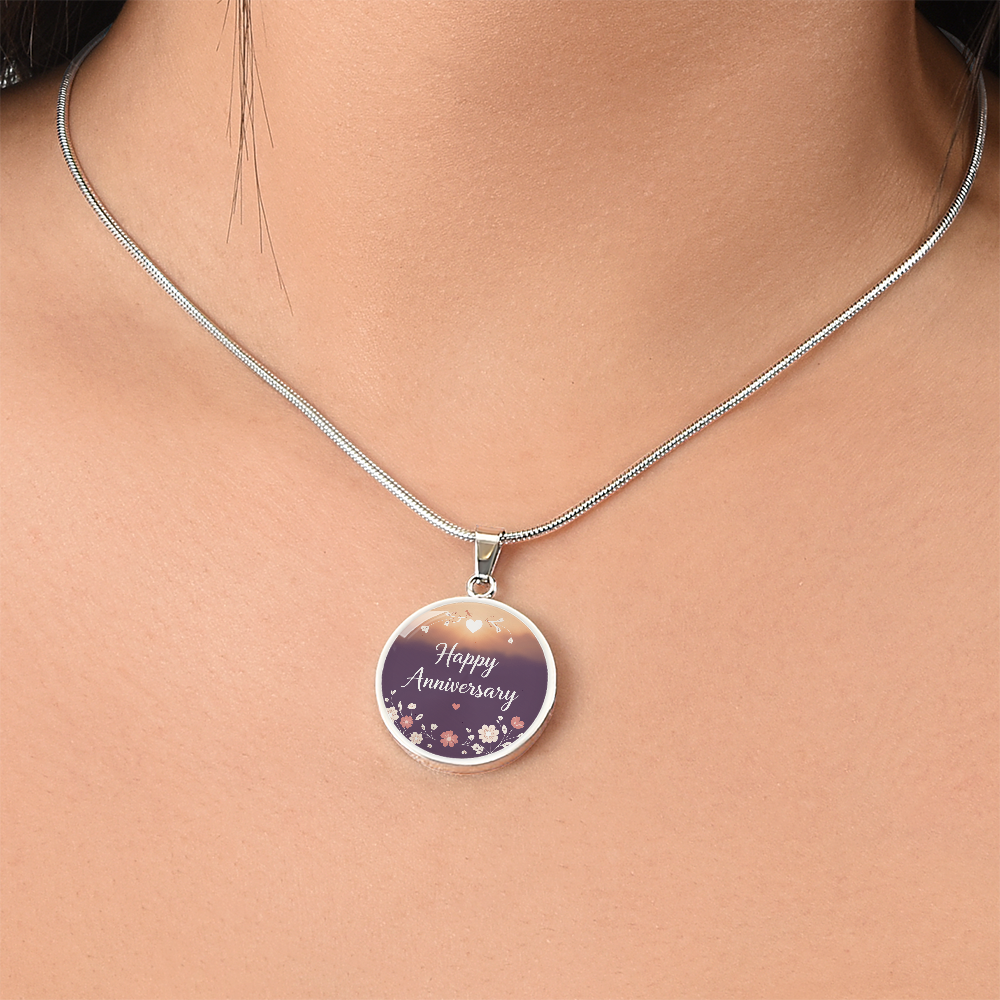 Happy Anniversary with Flowers Round Graphic Necklace